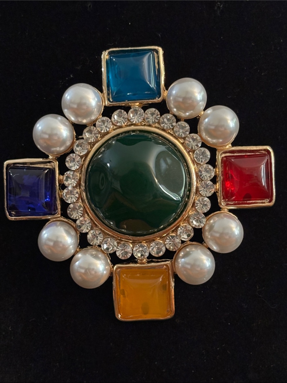 Gold-Tone Multicolor Gem & Pearl Medallion Brooch - Green Center